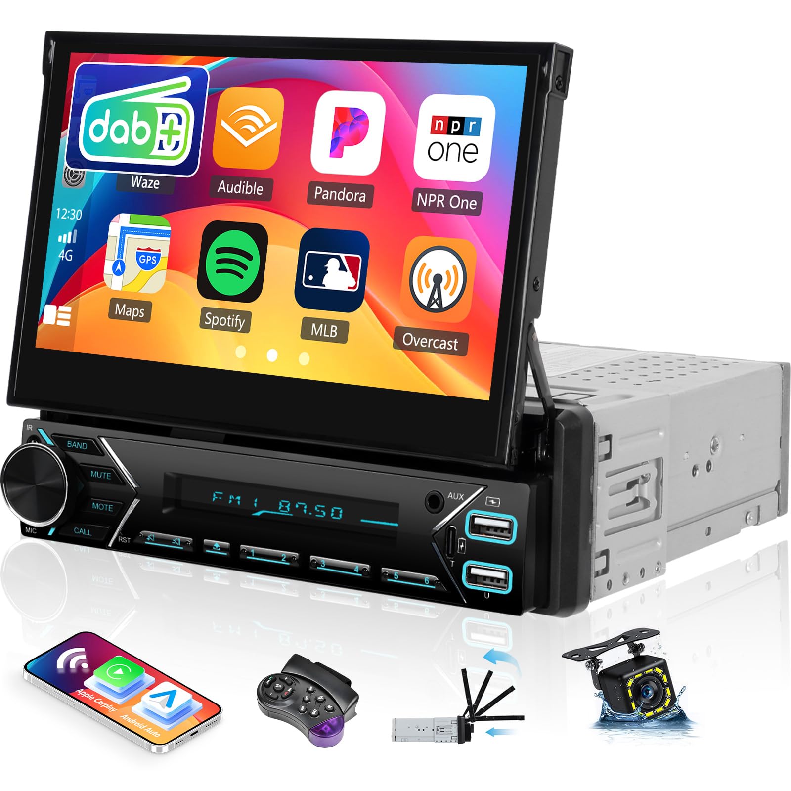 OiLiehu Single Din Touchscreen DAB+ Car Stereo with Wireless CarPlay Android Auto, 7'' Motorized Flip Out Radio with Bluetooth Mirror Link FM EQ SWC AUX USB/Type-C + Backup Camera, MIC, DAB Module