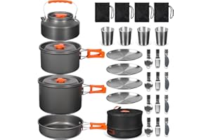 REDCAMP 6/10/11/12/14/15/19 PCS Camping Cookware Mess Kit Camping Gear Campfire Utensils Lightweight Stackable Pot Pan Bowls Soup Spoon with Storage Bag for Camping, Backpacking, Outdoor Cooking