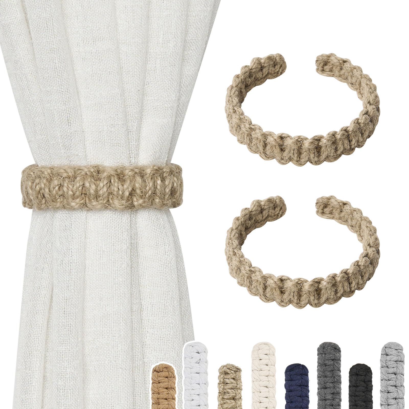 Pretty Jolly 2 Pack Natural Jute Rope Curtain Tiebacks Farmhouse Rustic Style Decorative Drape Tie Backs Handmade Braided Curtain Holdbacks for Home Sheer/Light Weight Drapery (J-Natural-S)