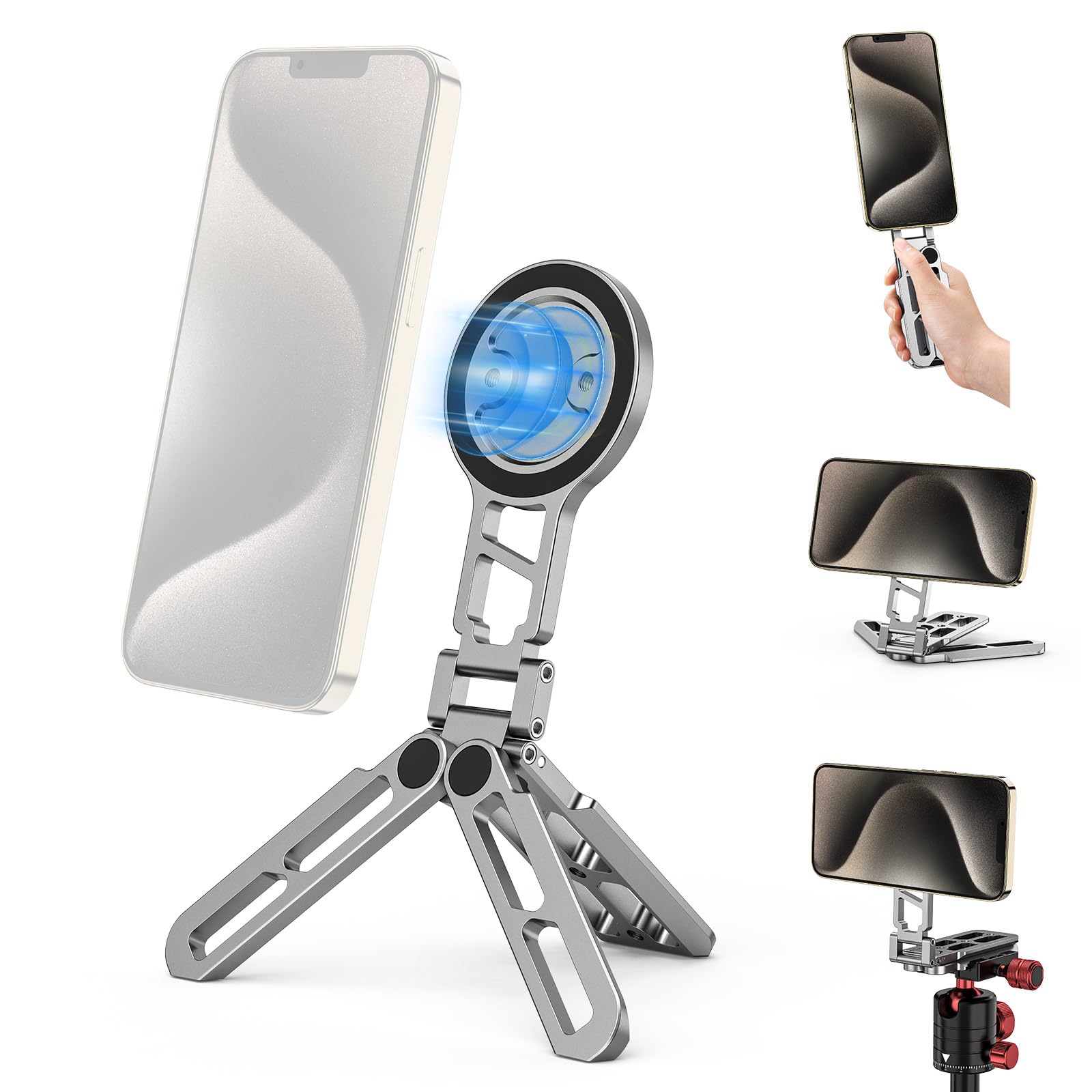 Magnetic Pocket Phone Tripod,Foldable Tripod Mount,Smartphone Holder Desk Stand,Handle Stick with Arca-Swiss,Cold Shoe Mount for iPhone 17/16/15/14/13/12,Video,Vlog,Travel