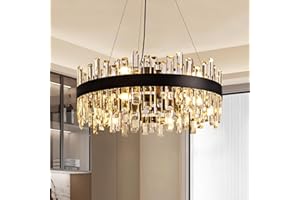 Siljoy 23.6'' Modern Crystal Chandelier, Luxury 2-Tiers Raindrop K9 Crystal Adjustable Flush Mount Hanging Ceiling Light for Dining Living Room Kitchen Entryway Foyer, E12 x 12, Matte Black