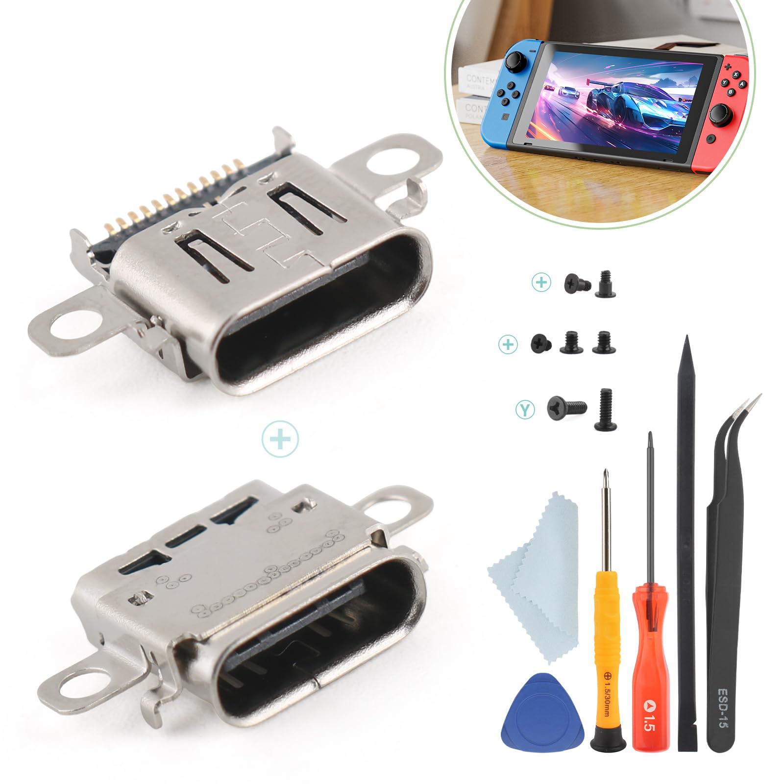 2 Pack for Nintendo Switch OLED Charging Port Replacement for Nintendo Switch OLED Dock Connector NS Switch OLED USB Type C Charge Power Socket Jack Port Console Accessories (with Screw Repair Tools)