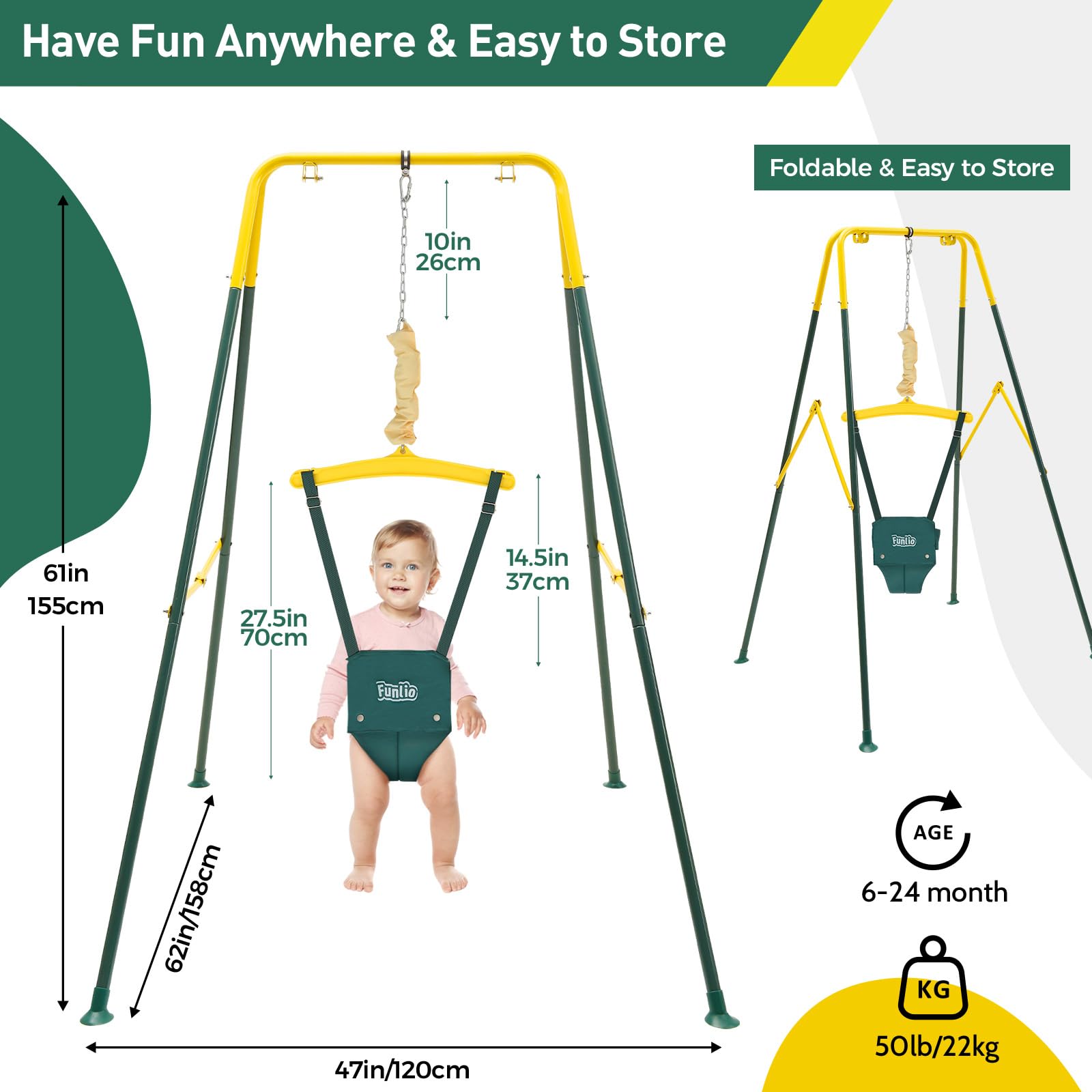 FUNLIO Baby Jumper with Stand for 6-24 Months, Infant Jumper for Indoor/Outdoor Play, Toddler Jumper for Baby Girl/Boy, with Adjustable Chain, Easy to Assemble & Store (with Stand) - Green