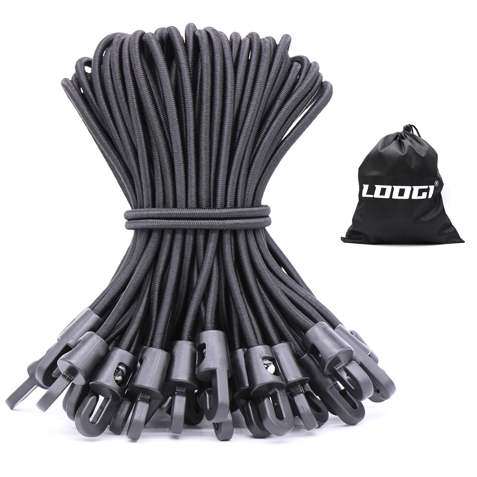 LOOGI Bungee Cords with Hooks 25 Pcs 6 Inch Elastic Bungee Ropes with Hooks - Short Tarpaulin Hooks - Small Bungee Rope (25, Black, 6 Inch)