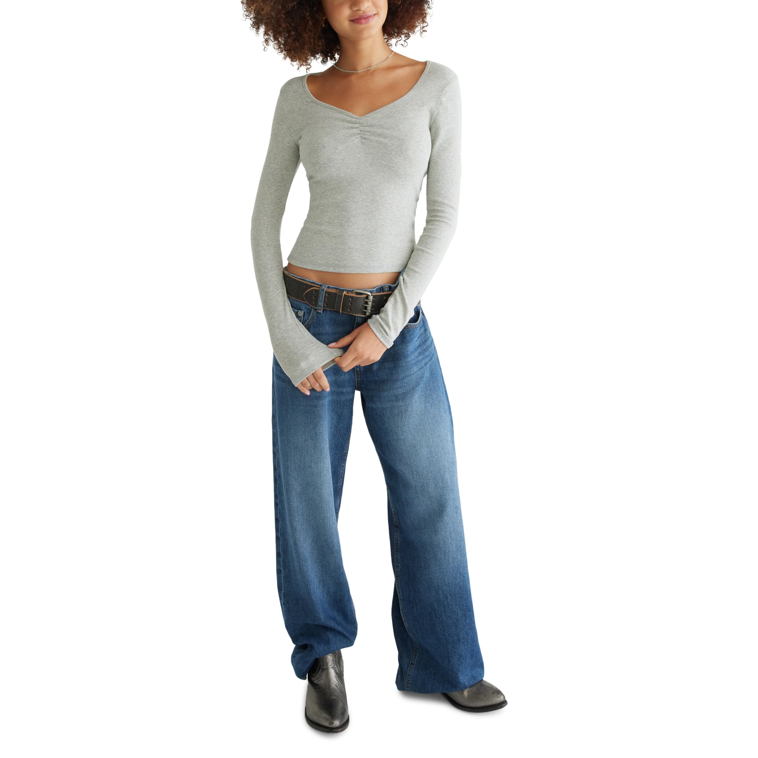 AEROPOSTALE Women’s Cinch Front Sweetheart Shrunken Tee, Light Heather Grey