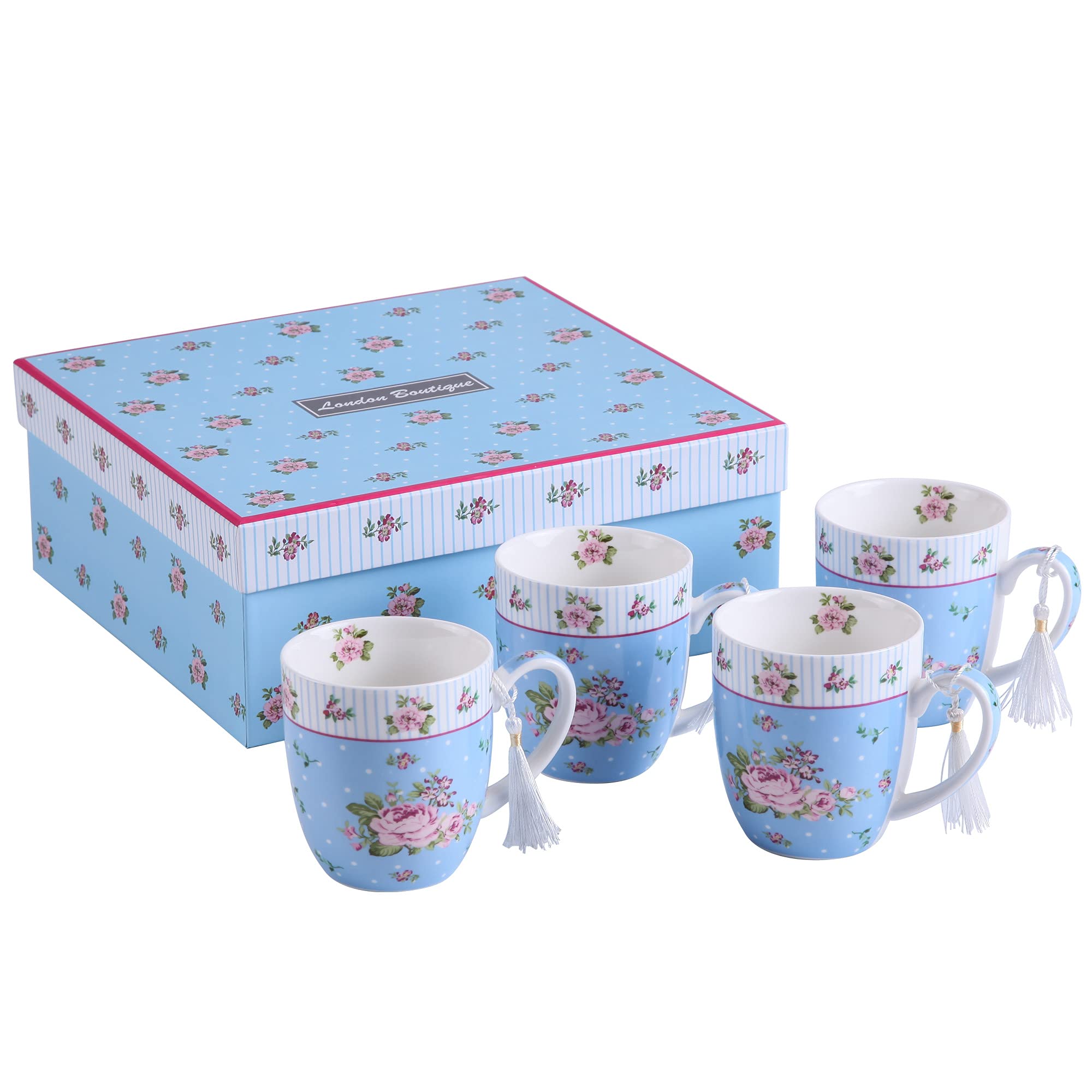 London Boutique Cups Mugs Set 4 Fine China Shabby Chic Vintage Retro Design in Gift Box 330ML (Rose Blue)