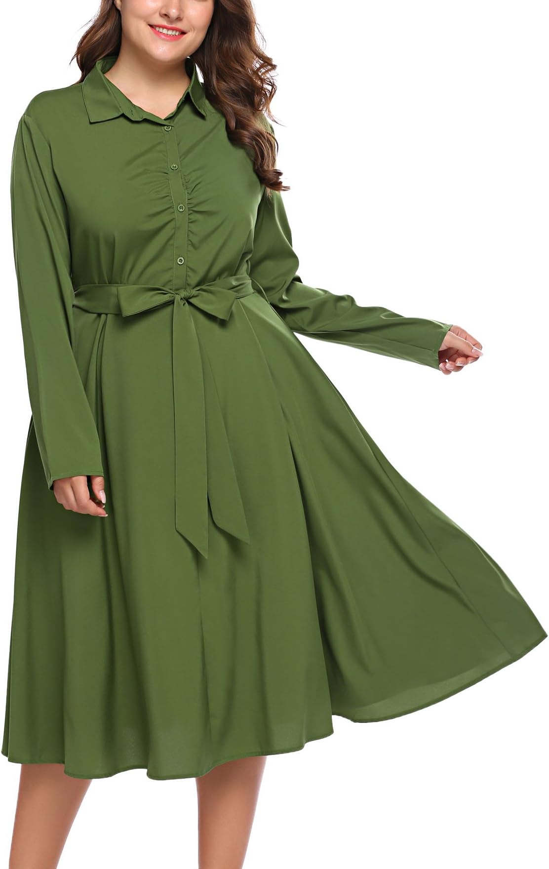 Involand Womens Plus Size Long Sleeve Belted Button Down Plaid Tunic Shirt Dress
