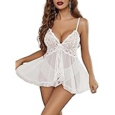 Avidlove Sexy Lingerie for Women Lace Babydoll Lingerie Dress Boudoir Lingerie V-Neck Front Open Ruffle Chemise