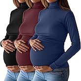 Ficerd 3 Pack Women's Maternity Shirts, Turtleneck Long Sleeve Pregnancy Tops Casual Side Ruched Maternity Tees Mama Clothes