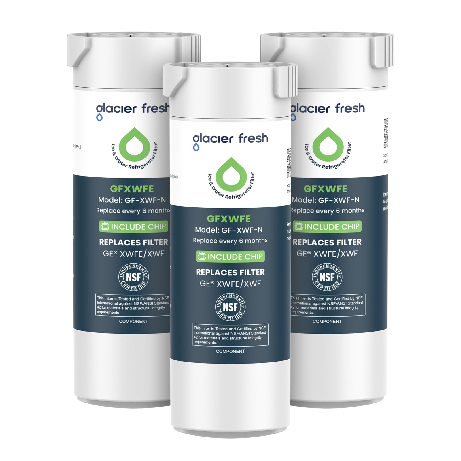 Photo 1 of GLACIER FRESH Water Filter Compatible with XWFE (Built-in CHIP), Replacement for GE XWFE, XWF Refrigerator Water Filter NSF/ANSI 42 Certification Pack of 3