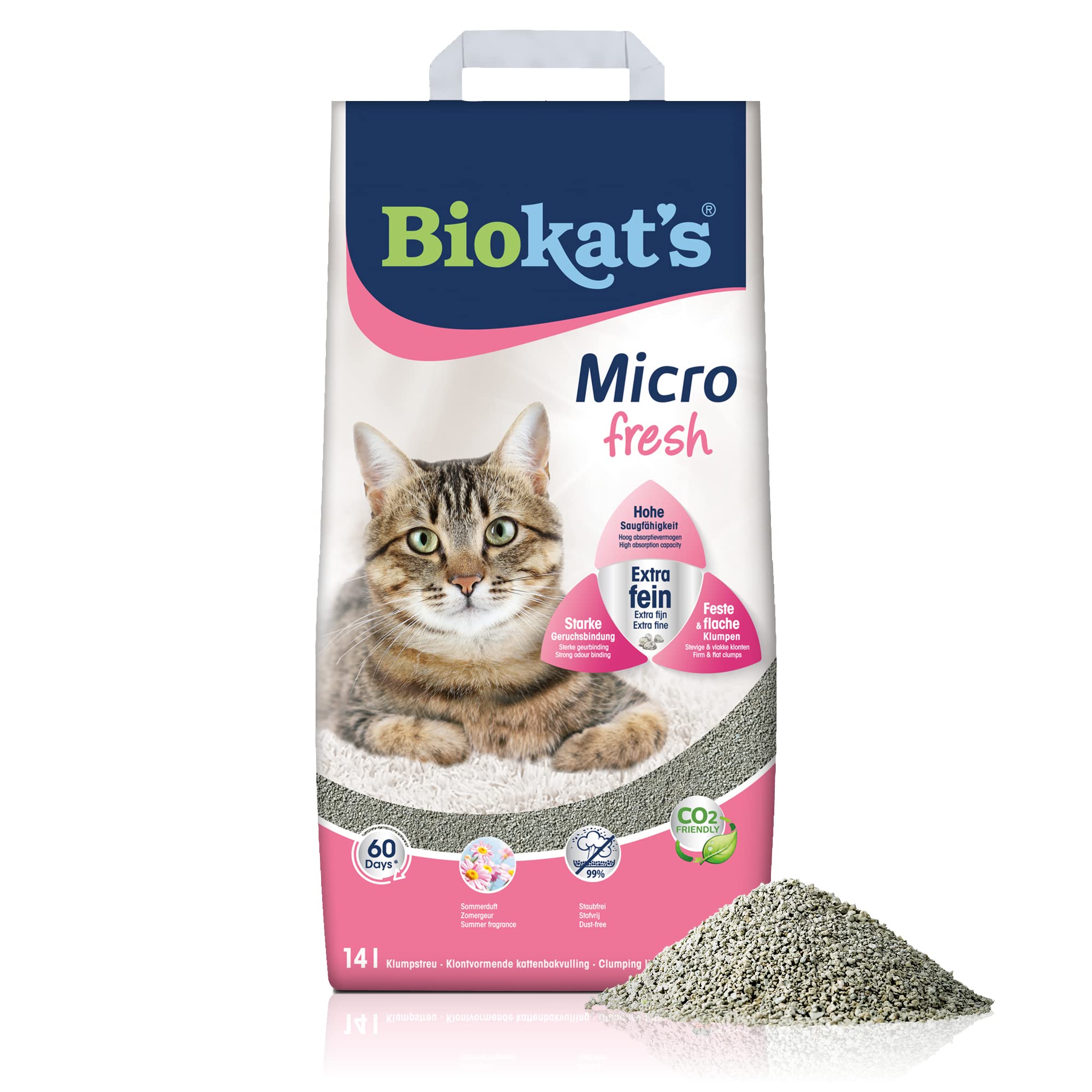 Biokat's Micro Fresh Cat Litter with Summer Fragrance - Clumping Litter Made of Bentonite with Extra Fine Grain for High Yield - 1 Bag (1 x 14 L)