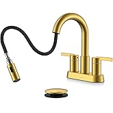 KENES Brushed Gold Centerset Bathroom Faucet with Pull Out Sprayer, 4 Inch 2 Handle Pull Down Bathroom Faucet 3 Hole, Bathroom Sink Faucet with Pop Up Drain & Supply Lines LJ-9069-4