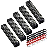 Terminal Block, 12 Circuits 600V 15A Dual Row Screw Terminal Strip, 5 Sets | Dust Cover, 5pcs Insulated Terminals Barrier Strip (Black 3/Red 2), for Auto, Boat, Solar, RV, DIY, Industrial, Control Panel