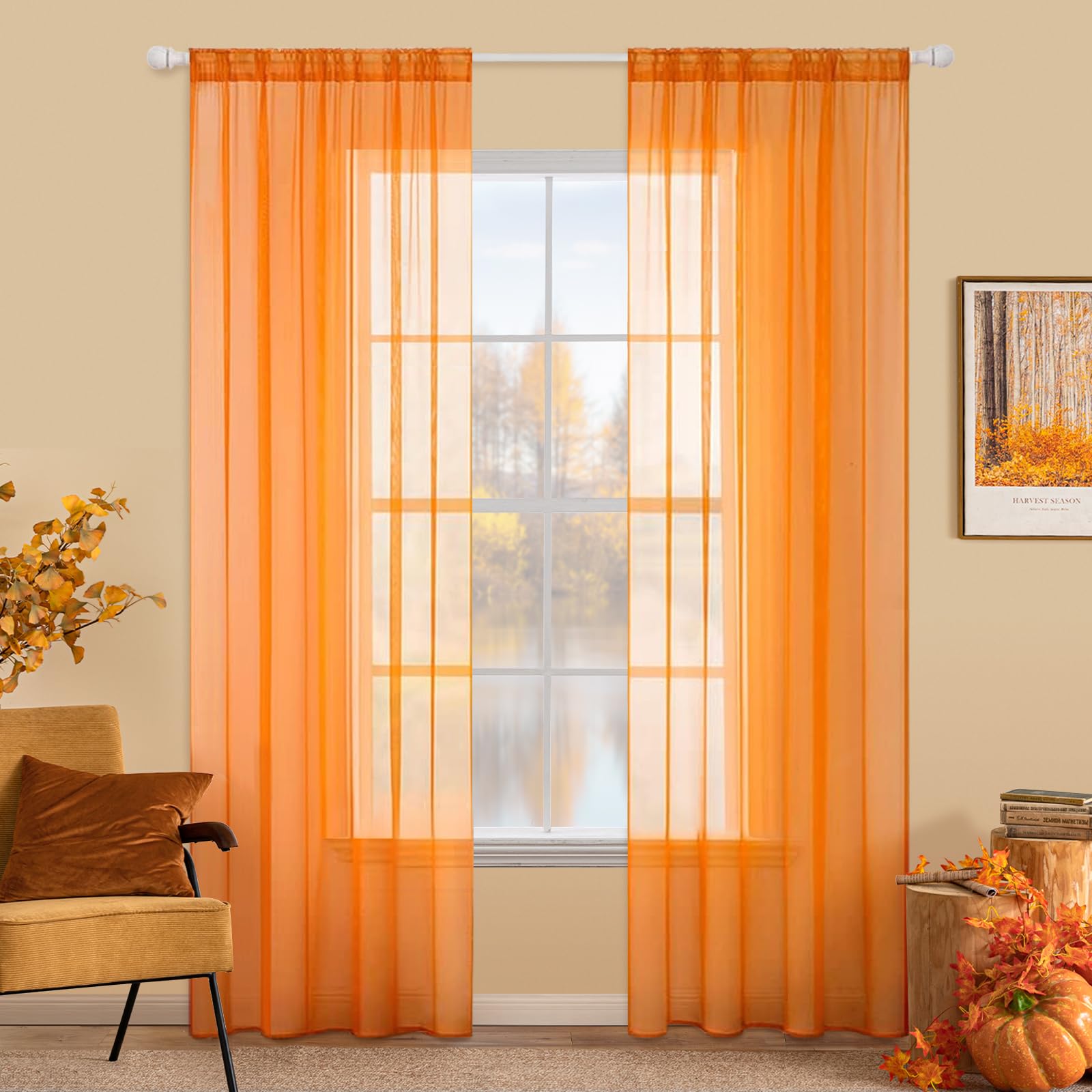 MIULEE 2 Panels Solid Color Sheer Window Curtains Smooth Elegant Window Voile Panels/Drapes/Treatment for Bedroom Living Room Orange 55" Wx102 L, Rod Pocket — image 1