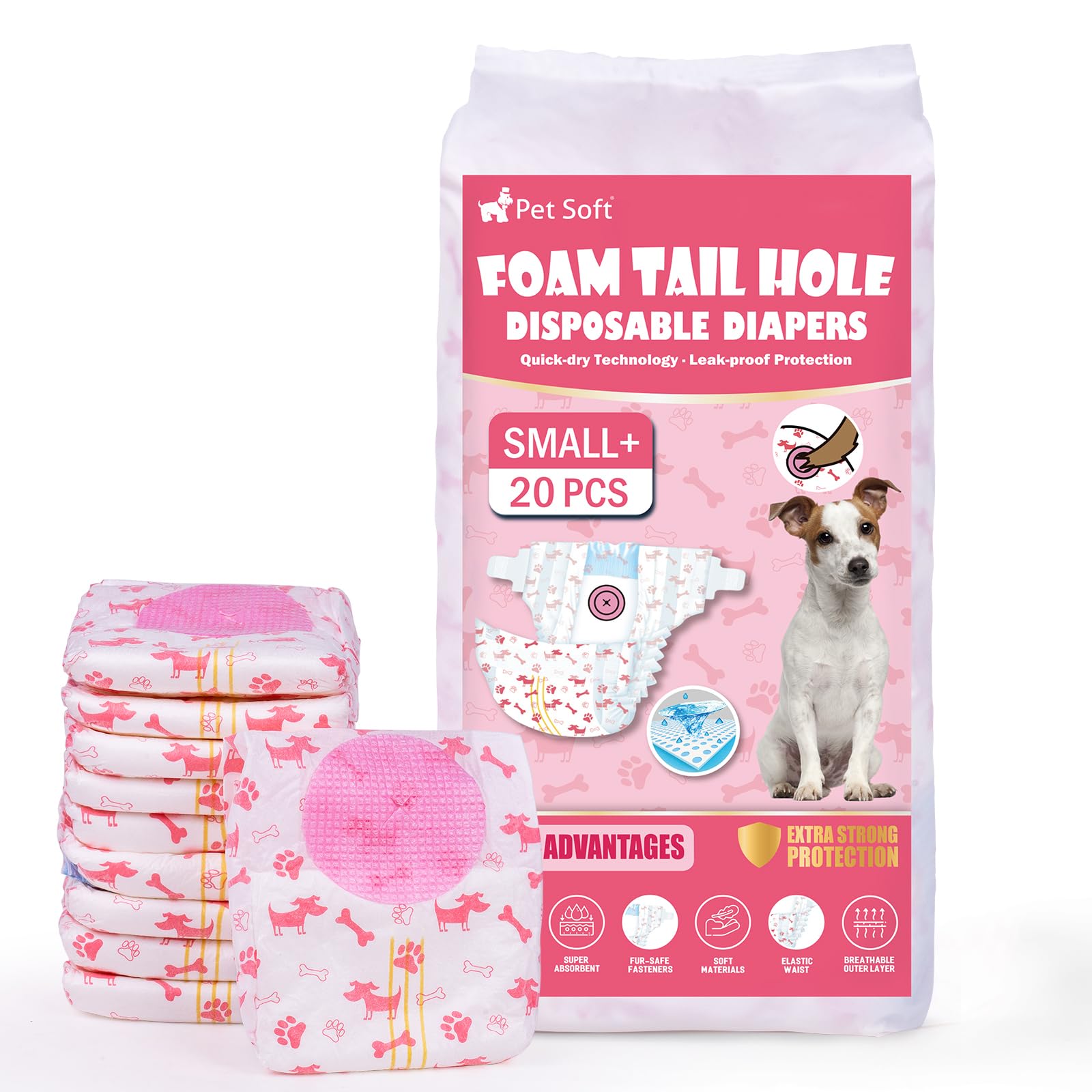 Pet Soft Dog Nappies Female, 20 Count Disposable Dog Pants Female S-M, Super Absorbent Disposable Dog Diapers for Girl Dogs in Season/Heat/Incontinence with Adjustable Tail Hole (S-M 20Count)