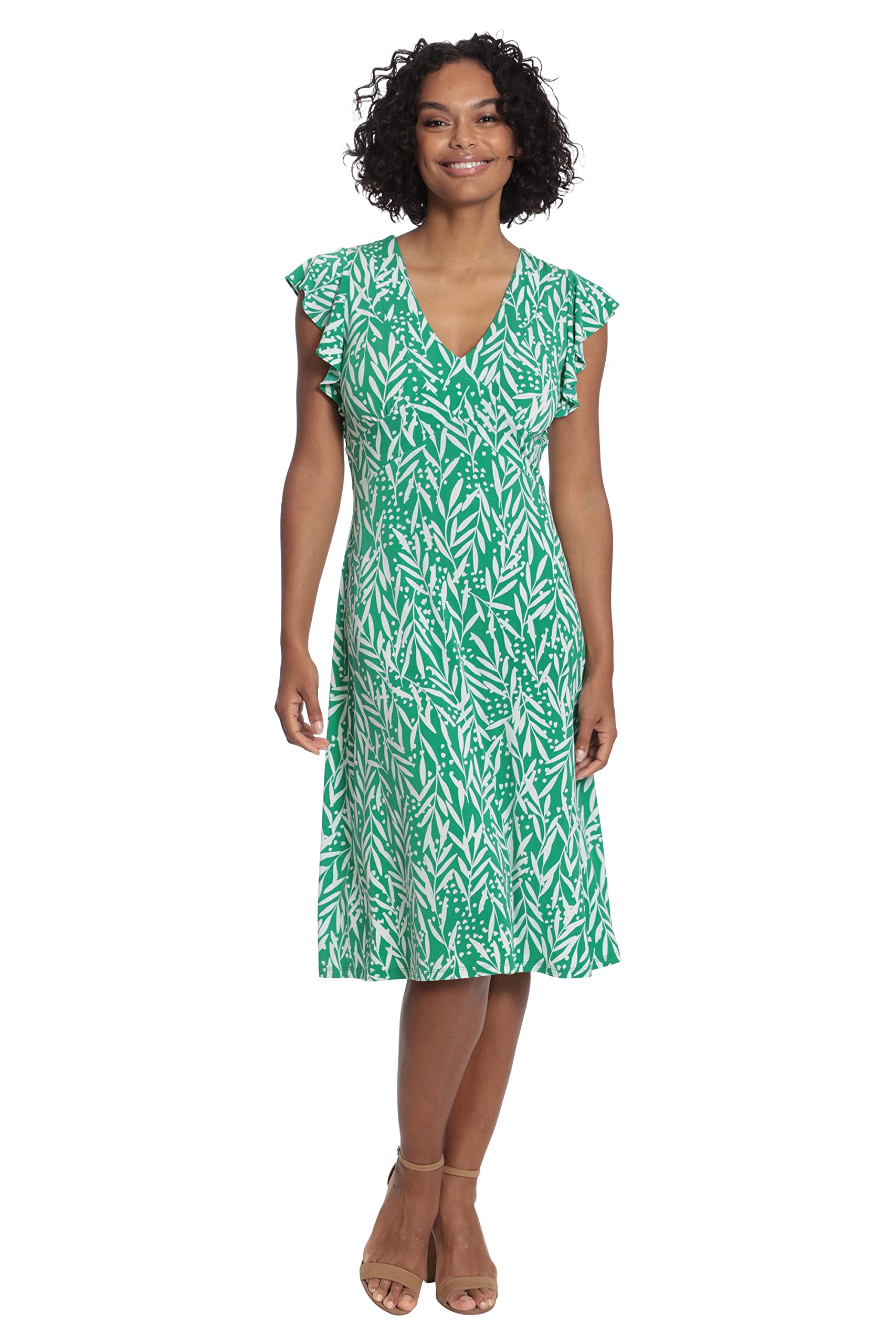 London Times Women’s Dresses Leaf Print V-Neck Ruffle Sleeve Dress
