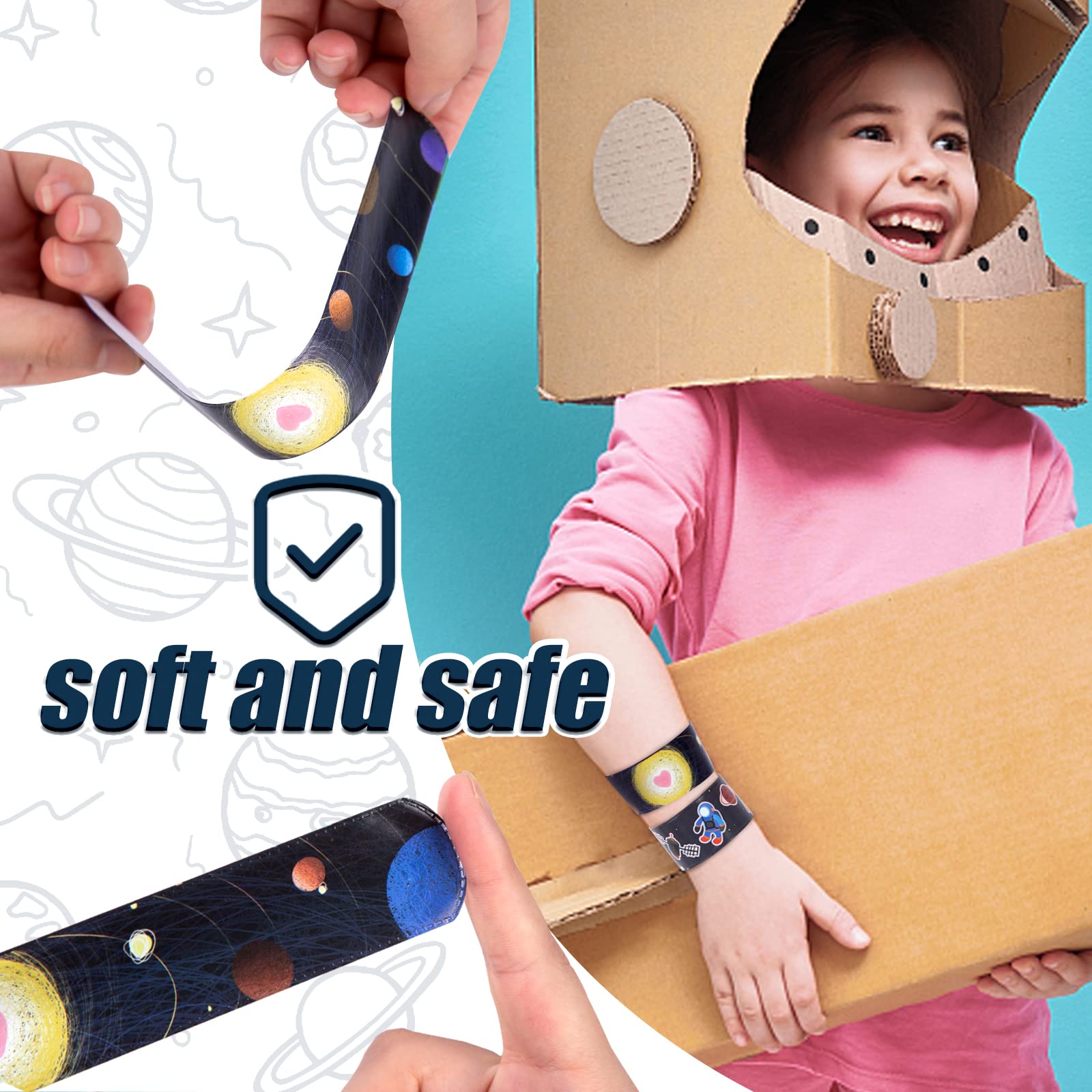 MCPINKY Slap Bracelets, 48PCS Kids Slap Wristbands with UFO Astronaut Space Stars Pattern Snap Bracelets for Party Favor New Year Gifts School Classroom Prize Exchange