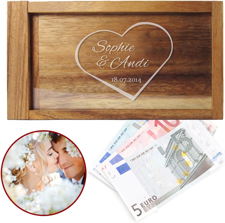 Magic Money Gift Box “Wedding“ - Engraved – Heart Theme - Personalized with [Name] and [Date]