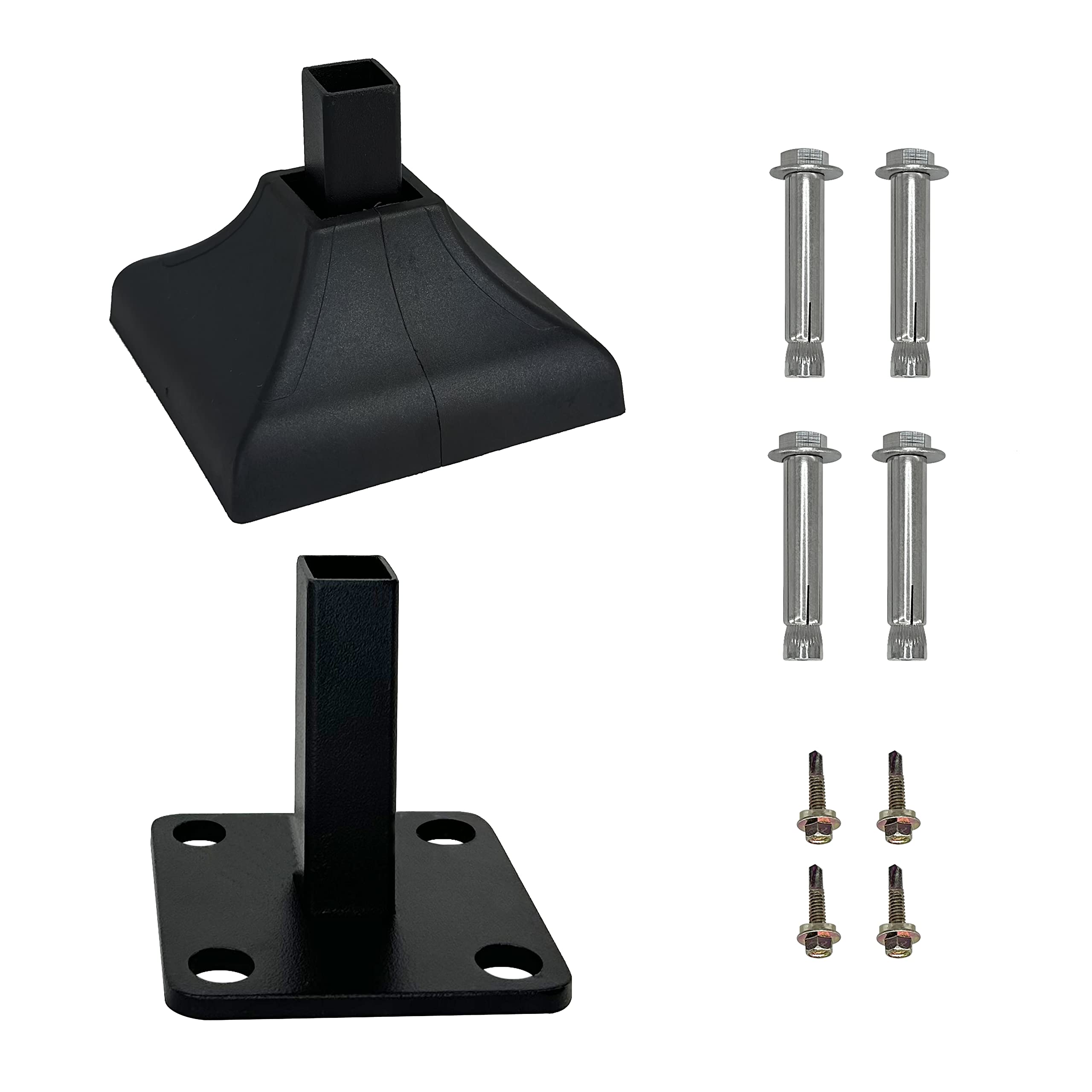 Photo 1 of Rockwill Heavy Duty Steel Fence Base Flange Kit for 1 Inch Square Posts Complete Set with 1 Base, 1 Interlocking Cover, 4 Anchor Bolts, 4 Tapping Screws on Deck Garden Farm (1", 4-Pack)
