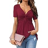 Tankaneo Womens Front Knotted V-Neck Blouse T Shirt Short Sleeve Oversized Tunic Tops Summer Solid Pullover Tees