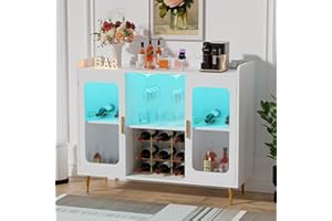 Hyomdeck Liquor Cabinet Bar with Power Outlet and LED Light, Wine Bar Cabinet with Wine and Glasses Rack, Home Coffee Bar Cabinet, Buffet Sideboard with Storage Shelf for Kitchen, Dining Room, White
