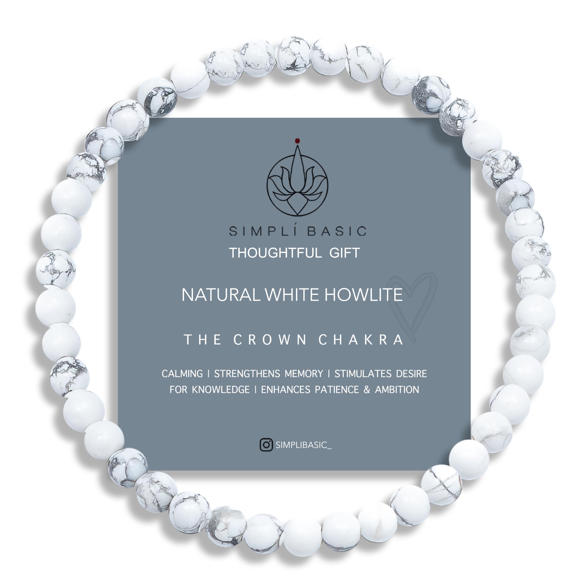 SIMPLÍ BASIC Natural White Howlite Healing Gemstone Bracelet 4mm Bead | Insomnia Relief | Pain & Stress Relief | Improves Memory | Chakra Bracelet | Inc Gift Box