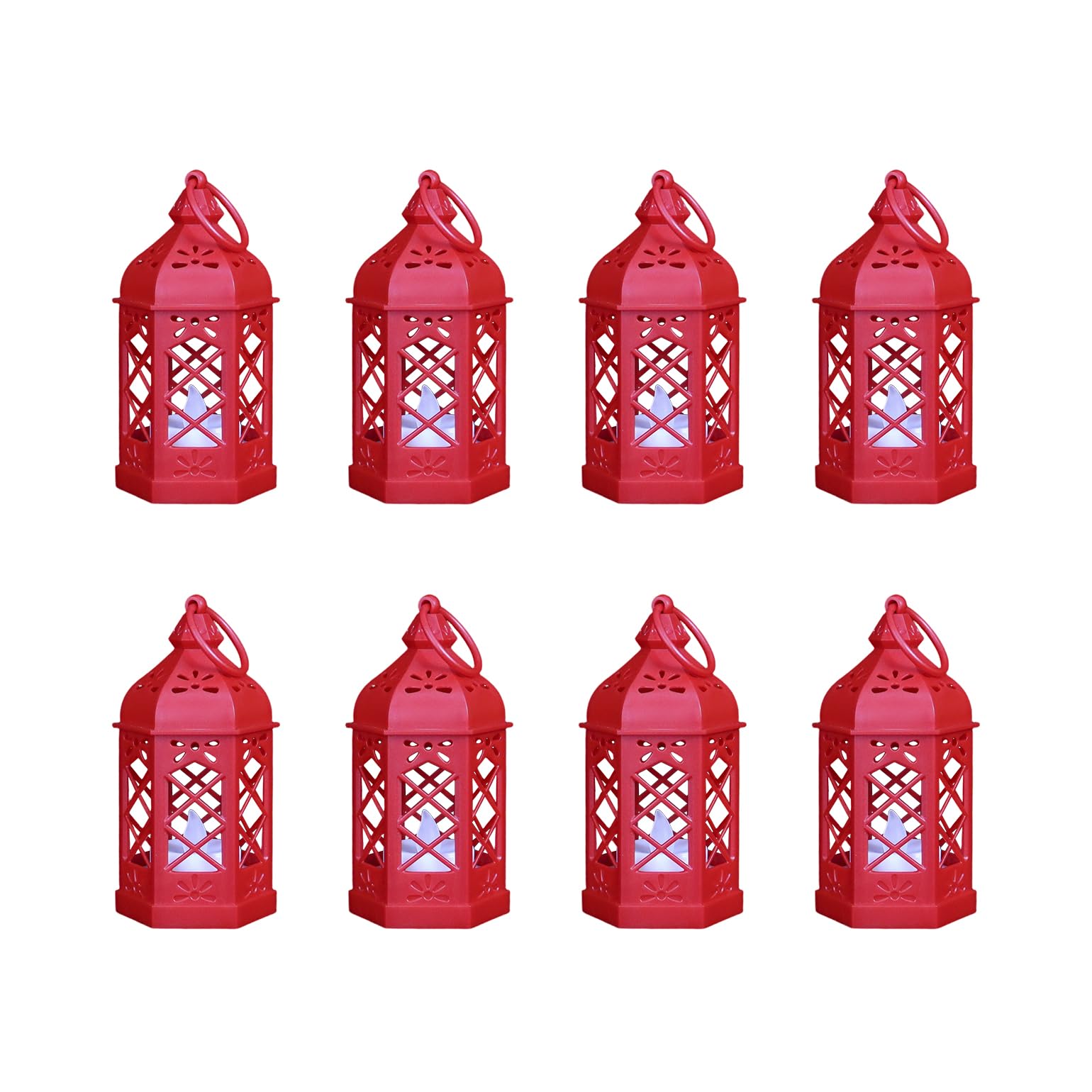 Photo 1 of Reperla 8-Pack Mini Lanterns for Halloween, Christmas, Small Decorative Lanterns with Flickering LED Candle for Enchanted Forest Wedding, Moroccan Lantern for Table Centerpiece, Medieval Decor, Red