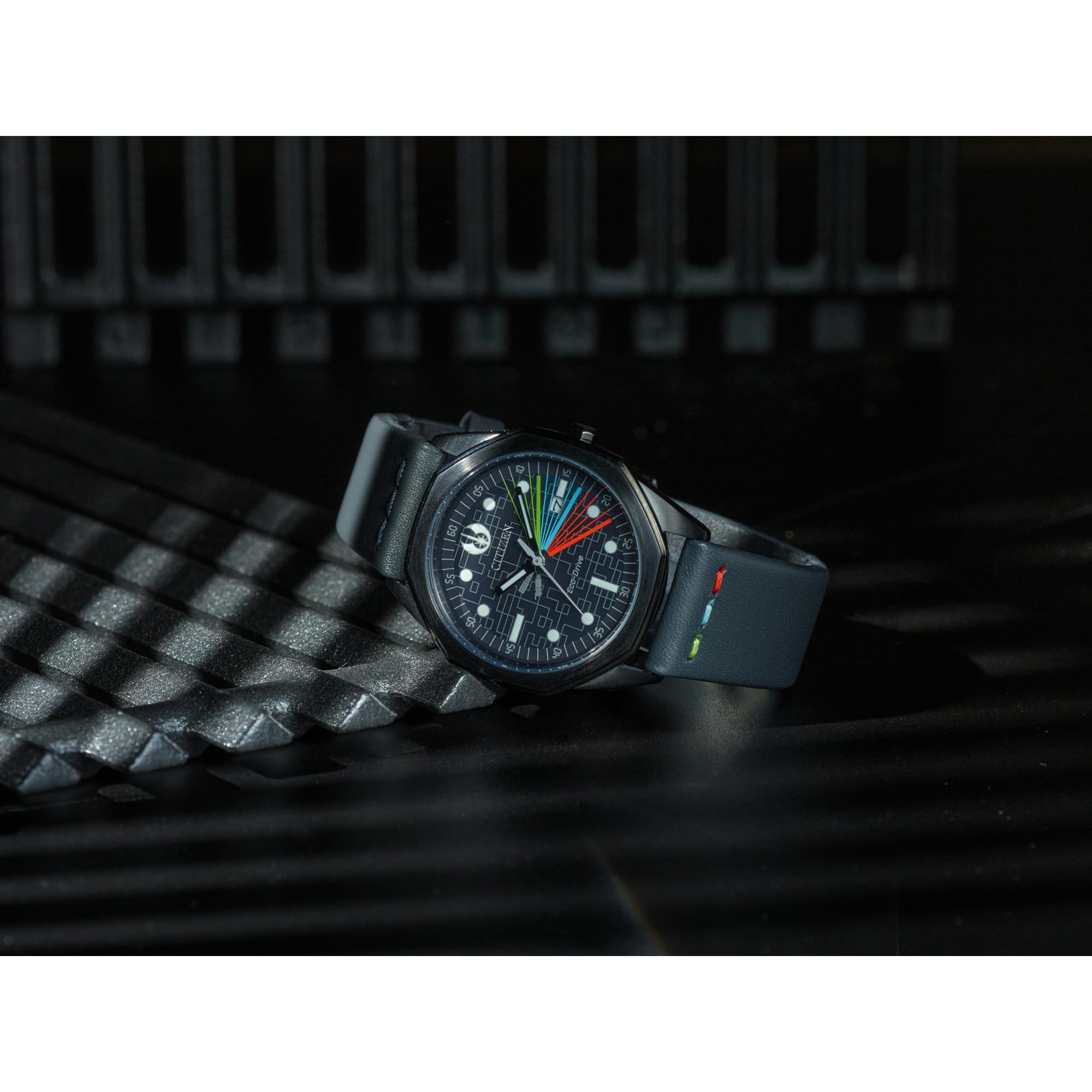 Citizen Men's Eco-Drive Star Wars Darth Vader Black Ion Plated Case Watch with Gray Leather Strap, Black Dial (Model: BM7498-00W)