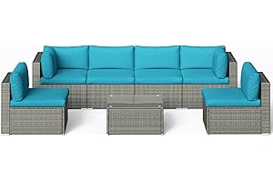 SUNVIVI OUTDOOR 7 Piece Patio Furniture Sets All Weather Grey PE Wicker Couch Sofa with Glass Table, Removable Blue Cushions