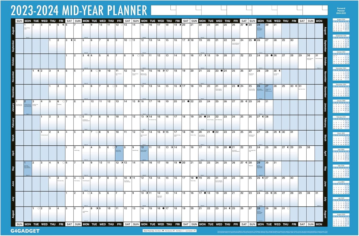 G4GADGET 2023-2024 A2 Laminated Academic Year Wall Planner | | August 2023 to August 2024 Calendar with UK Holidays | Perfect for Home, School & Office Organization