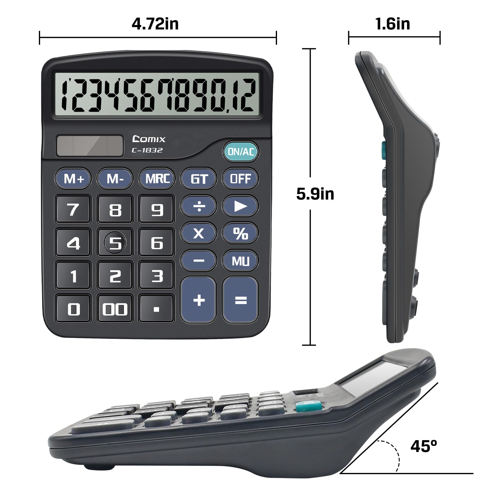 Comix Desktop Calculator 12 Digit with Large LCD Display and Big Button, 12 Digits Baisc Calculator, Solar Battery Dual Powered, for Office Home School C-1832 (Black)
