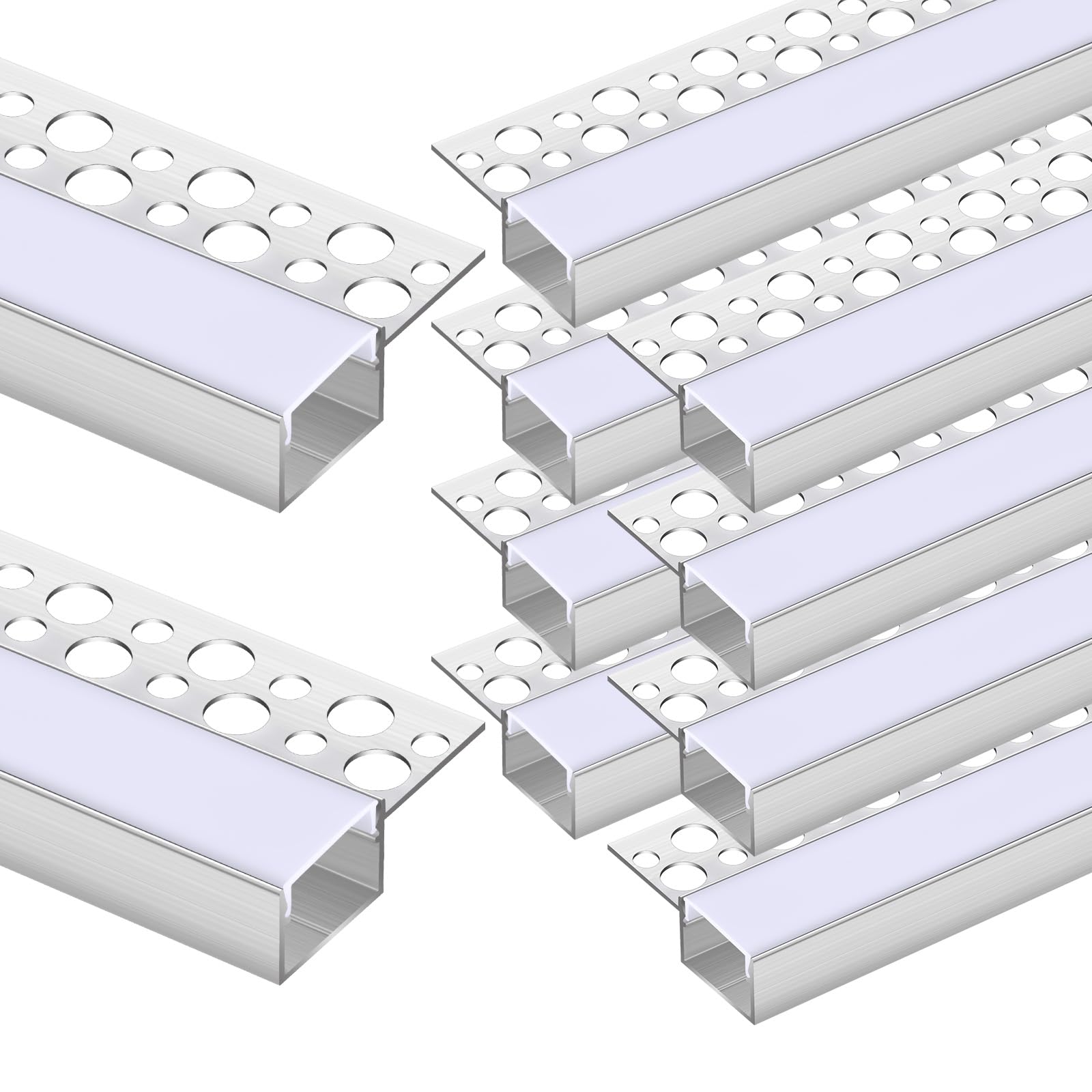 Photo 1 of Glooglitter 10 Pcs 6.6ft/ 2 Meter Plaster in LED Channel Trimless Single Sided LED Diffuser Channel Recessed Drywall Aluminium LED Profile for Wall Drywall Ceiling (Shape 2)
