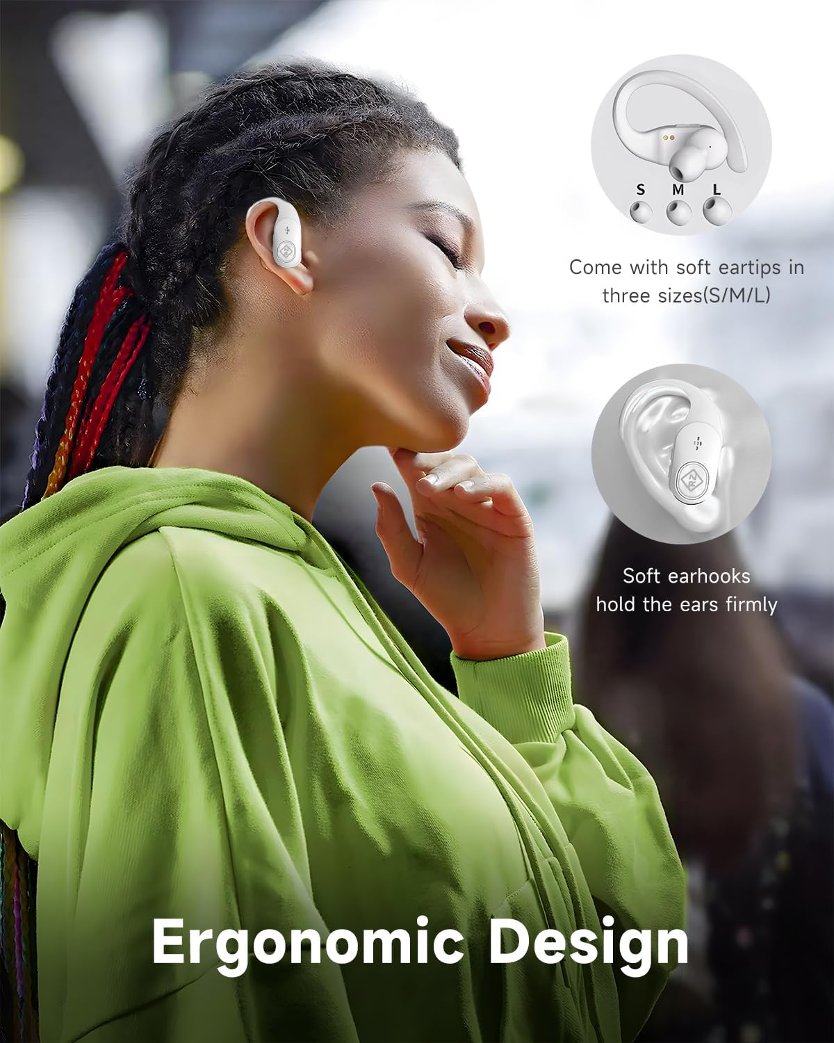 RIZIZI A12 earbuds with ergonomic design, soft earhooks, and various eartip sizes