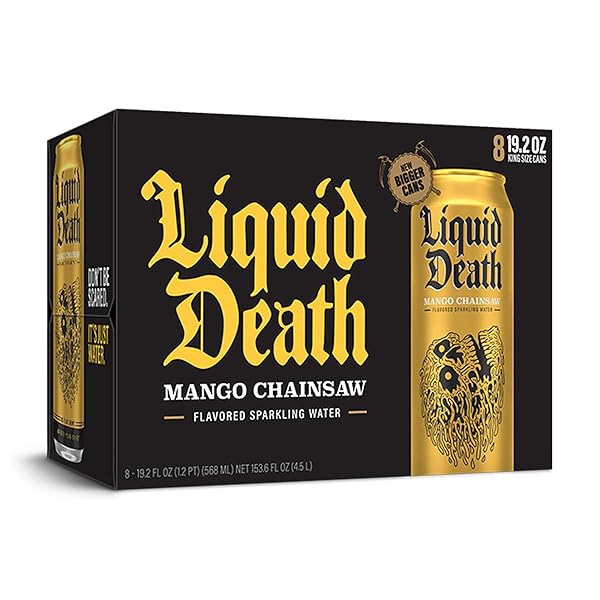 LIQUID DEATH, MANGO CHAINSAW, MANGO-FLAVORED SPARKLING WATER, 8-PACK (19.2OZ CANS), LOW CALORIE & NO ARTIFICIAL SWEETENERS