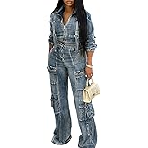 Tbahhir Womens 2 Piece Sets Denim Outfits Long Sleeve Crop Jean Jackets Cargo Pants with Pockets Y2k
