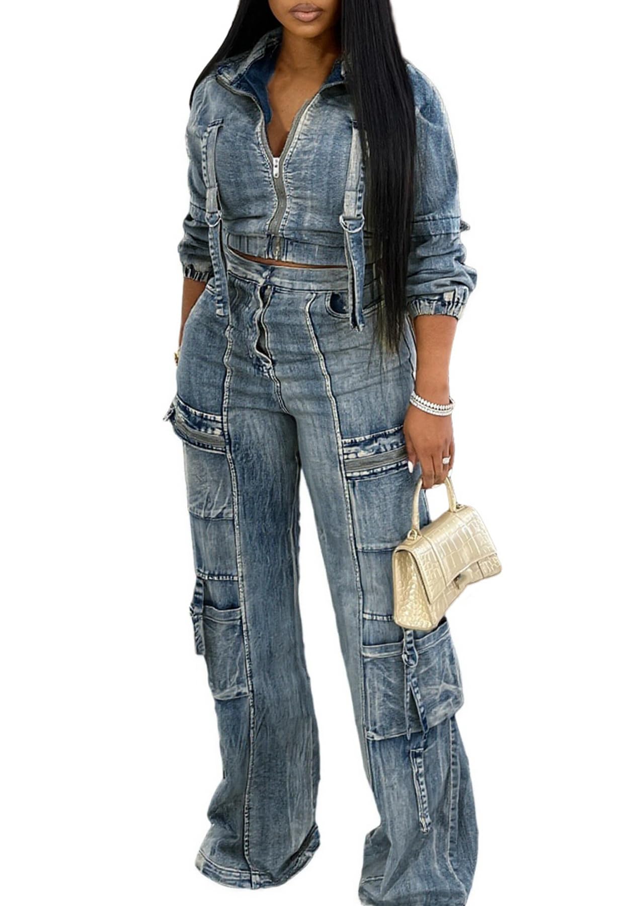 Photo 1 of Tbahhir Womens 2 Piece Sets Denim Outfits Long Sleeve Crop Jean Jackets Cargo Pants with Pockets Y2k - S