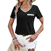 SweatyRocks Women's Casual Sparkle Sequin V Neck Tee Shirt Short Sleeve Tee Tops with Pocket