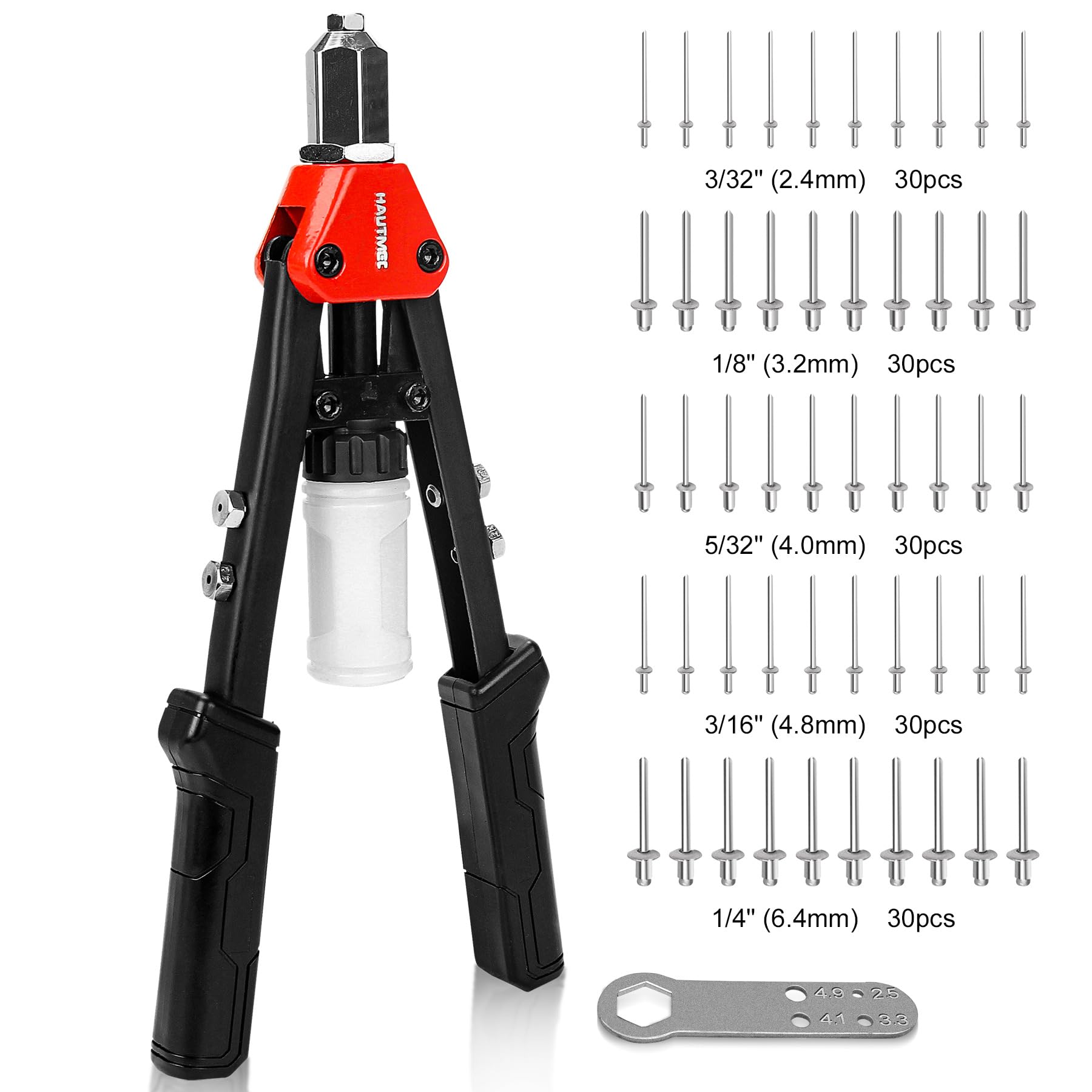 HAUTMEC 5-in-1 Rivet Gun with 150Pcs Rivets 13" Pop Rivet Tool with Portable Wrench and Rivets Collecting Bottle Heavy Duty Hand Riveter for Metal, Aluminum, Steel HT0435-HR