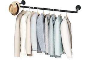 Wall Mounted Clothes Rack, 46.9 Inch Black Industrial Pipe Garment Rack Closet Rod, Space Saving Heavy Duty Clothing Rack for