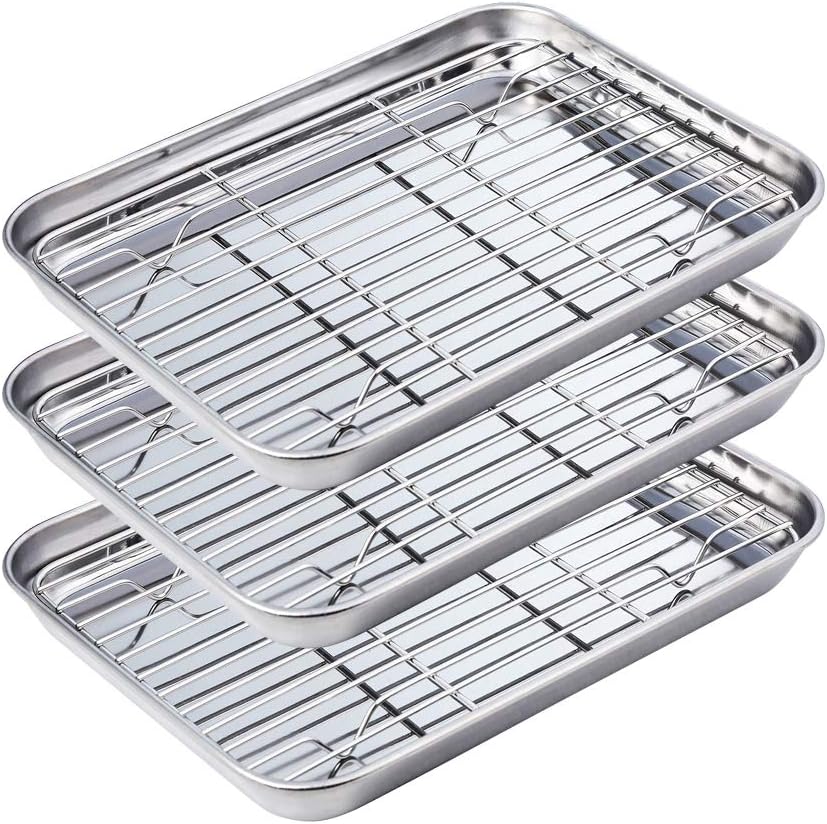 WEZVIX Stainless Steel Baking Sheets with Cooling Racks Cookie Sheet and Wire Rack Set of 3 Rectangle Size 10 x 8 x 1 inch, Non Toxic, Rust Free & Less Stick, Thick & Sturdy, Dishwasher Safe