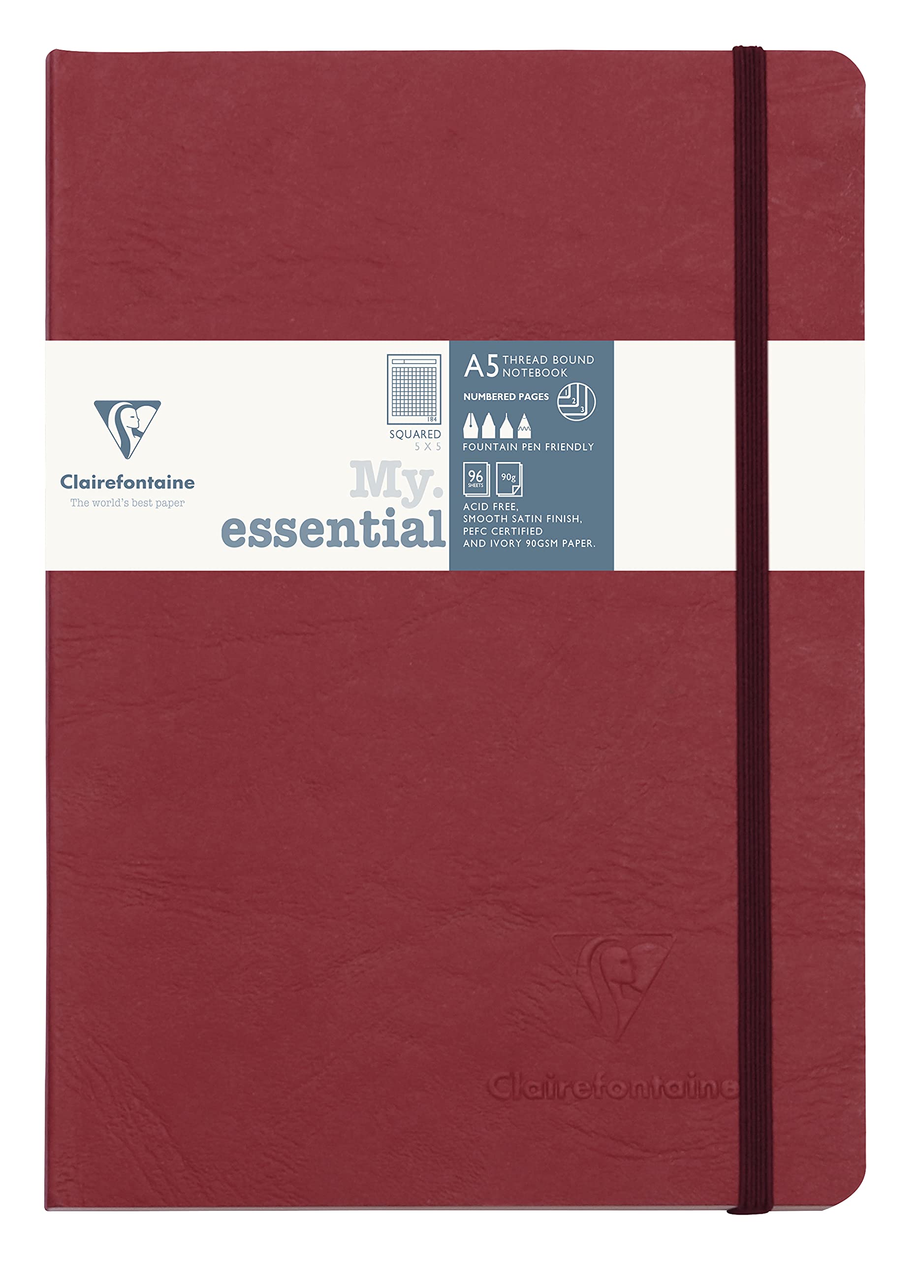 Clairefontaine 793422C Collection Age Bag - Stitched MyEssential Red Notebook - A5 14,8x21cm - 192 Pages Small Squares - 90g Ivory Paper - Leather Card Cover
