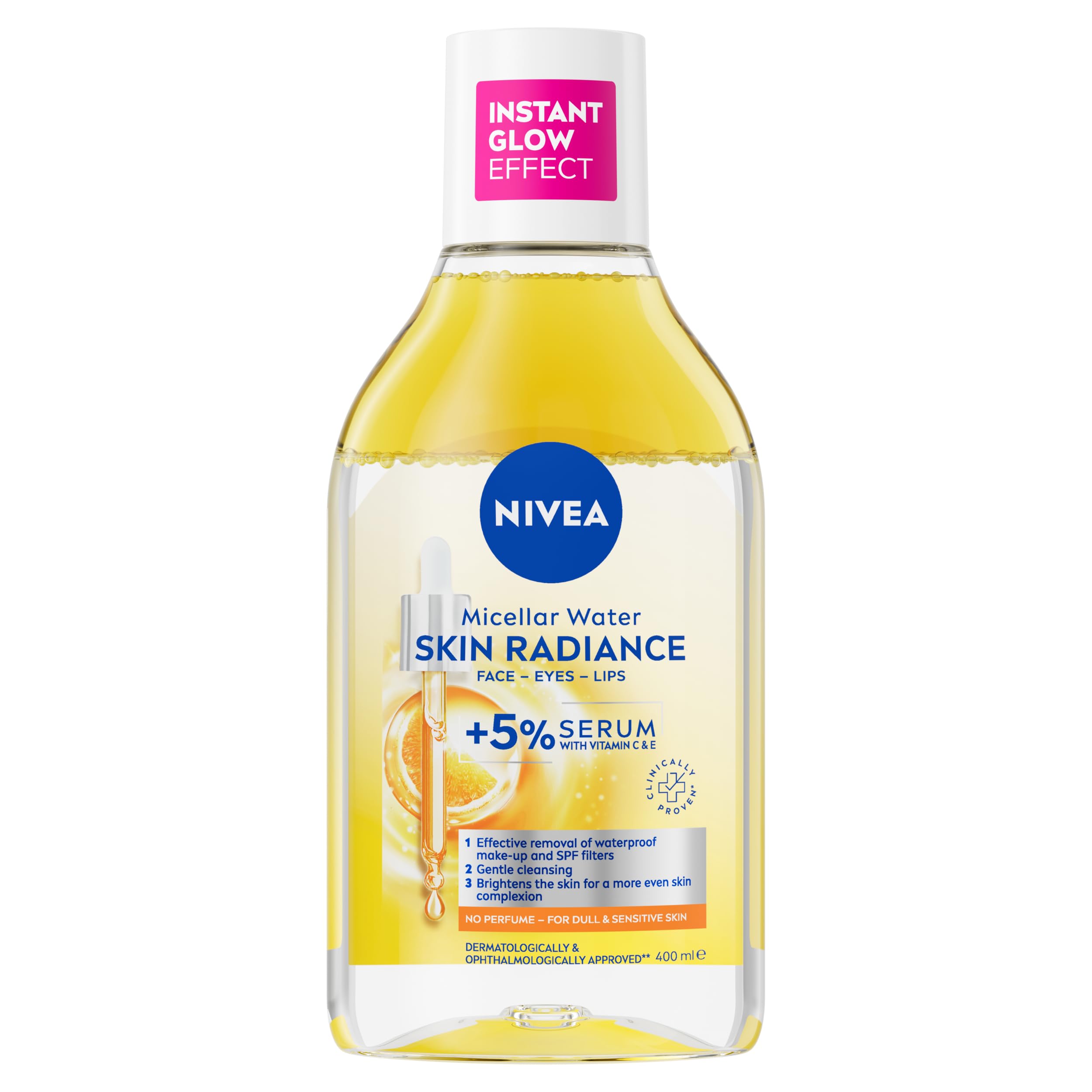 NIVEA Skin Glow Serum Infused Micellar Water (400ml), Revitalising Micellar Cleansing Water with Amino Acid and 5% Vitamin C and E, Gentle Waterproof Makeup Remover