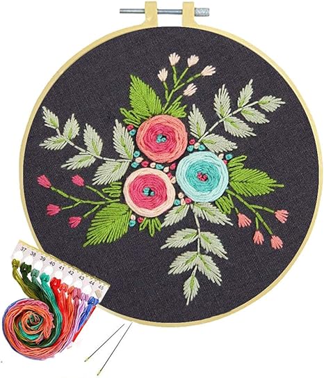 Cross Stitch Needlepoint Craft Kits Color Threads 3-Set Embroidery Kit for Beginners Floral Patterns Embroidery Starter Kit with Patterns Embroidery Cloth and Needles Includes Embroidery Hoops