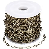 SOFPLATE 10M/32.8 Feet Brass Paper Clip Chain Cable Link Chain with Spool Antique Bronze Paperclip 6mm Drawn Elongated Oval Soldered Roll Connector Chain for Jewelry Making Necklace Bracelet DIY Craft