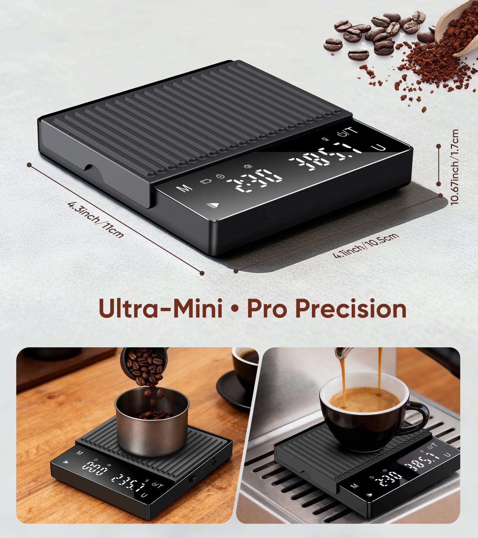 Rechargeable Coffee Scale with Timer, Mini Espresso Scale 2kg/0.1g High Precision Scale for Espresso & Pour-Over Coffee, Portable Digital Food Kitchen Scale