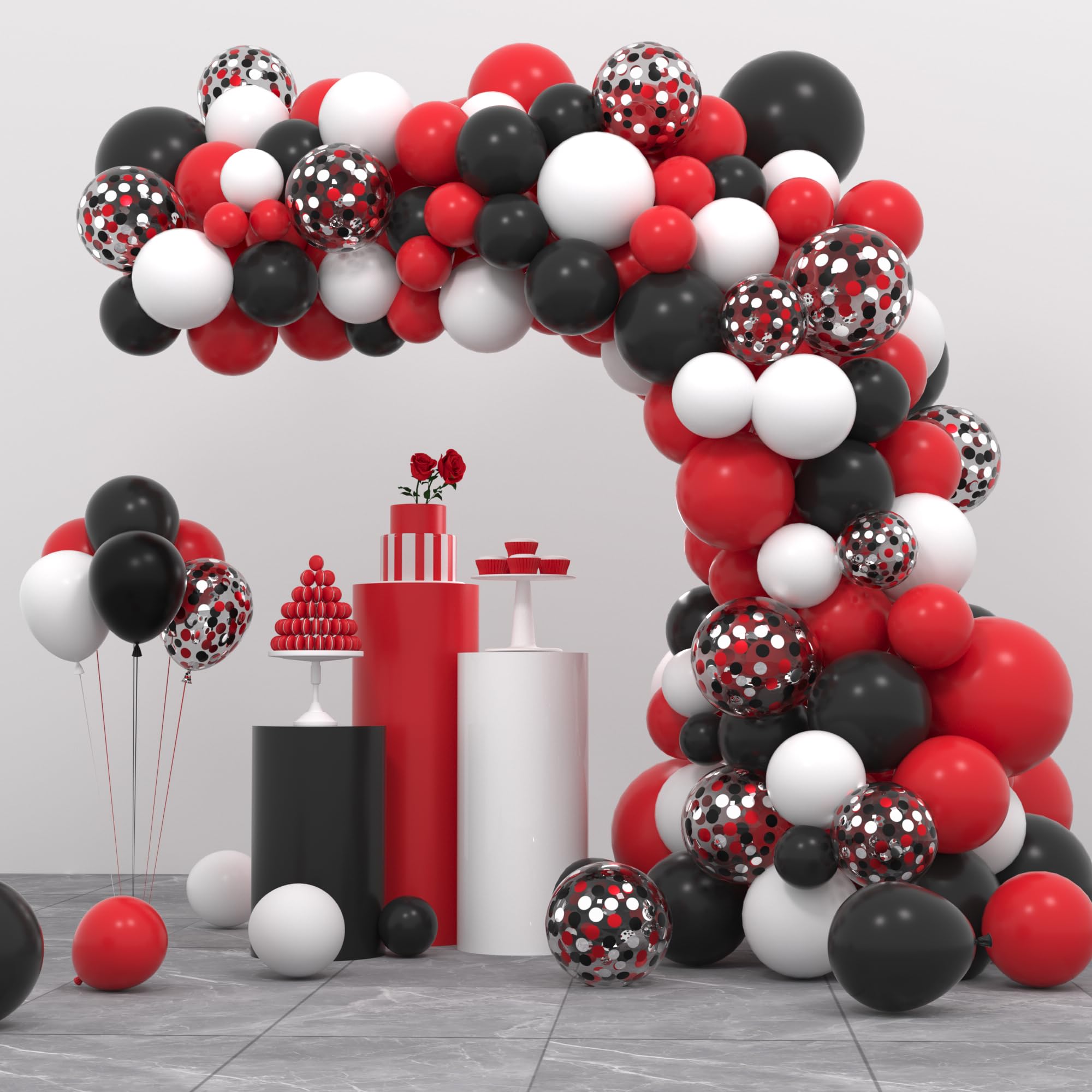 Pack of 109 Black Red Confetti Balloon Kit - 12 Inch Black Red White Confetti Balloons for Baby Shower Birthday Dress Graduation Party Casino Party Decoration Supplies