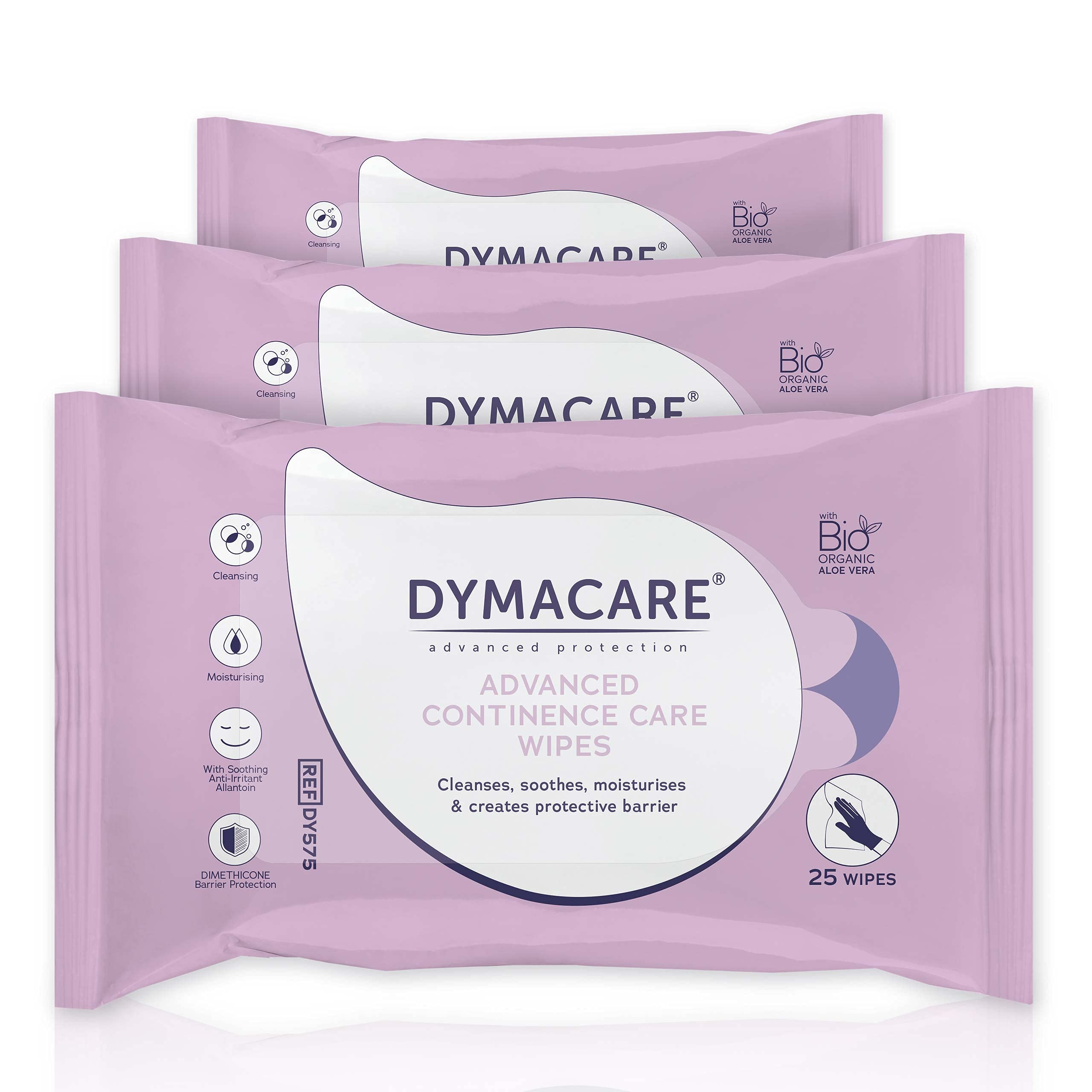 DYMACARE Advanced Continence Care Wipes | Adult Premium Disposable Incontinence Skin Cleansing Wet Wipes with Barrier Cream & Aloe Vera | 3 Packs (75 Wipes Total)