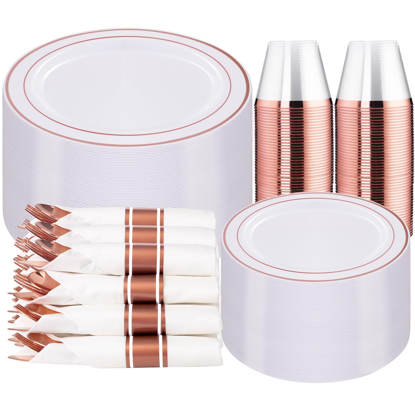 Photo 1 of WELLIFE 350Pcs Rose Gold Plastic Plates for 50 Guests - Plastic Dinnerware Set,Party Supplies Includes 100 Rose Gold plates,150 Silverware,50 Napkins,50 Cups for Party,Plates Disposable Heavy Duty