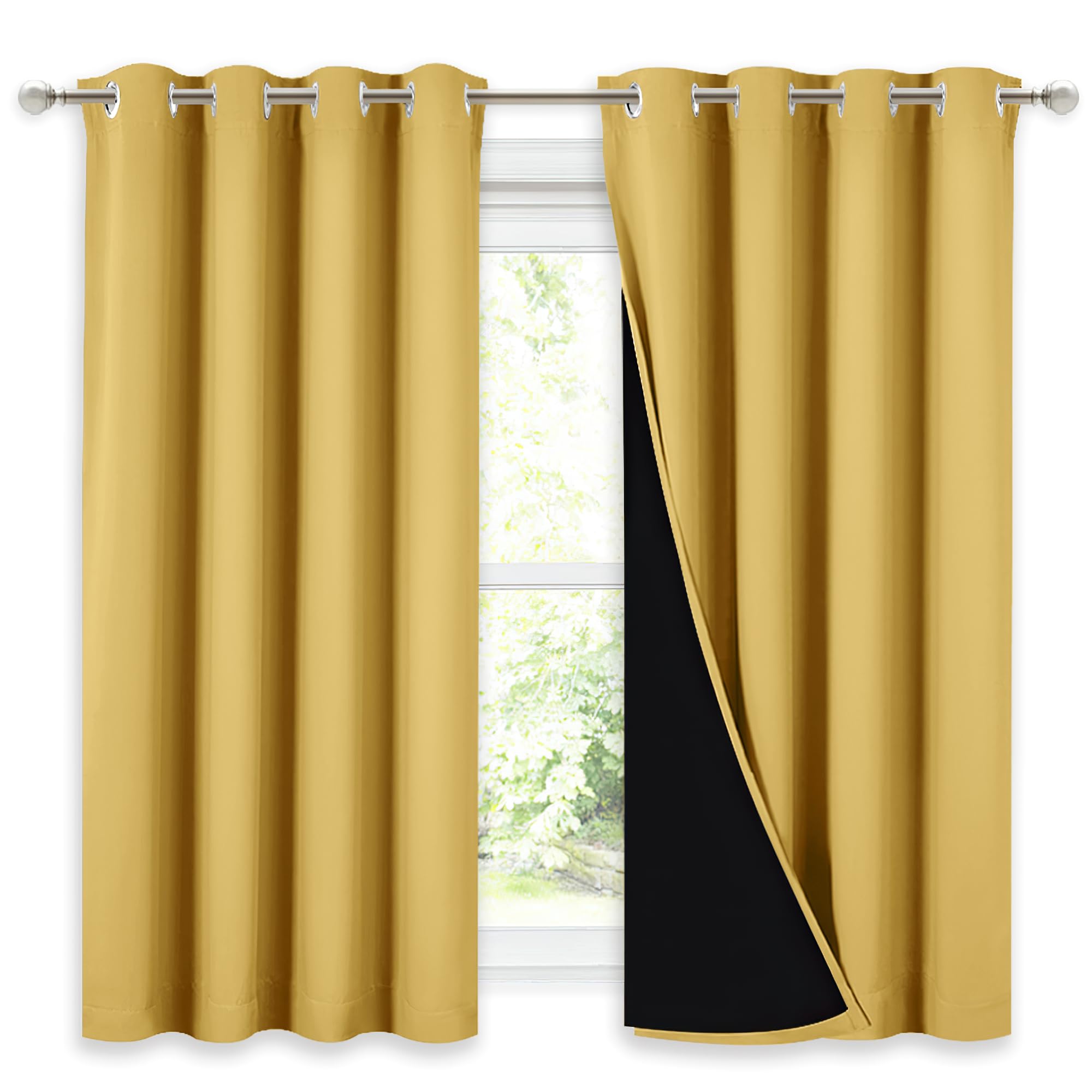 NICETOWN 100% Blackout Curtains with Black Liners, Thermal Insulated Full Blackout 2-Layer Lined Drapes, Noise Cancellation Window Drapes for Dining Room (Bright Yellow, 2 Panels, 52" W by 54" L) Image