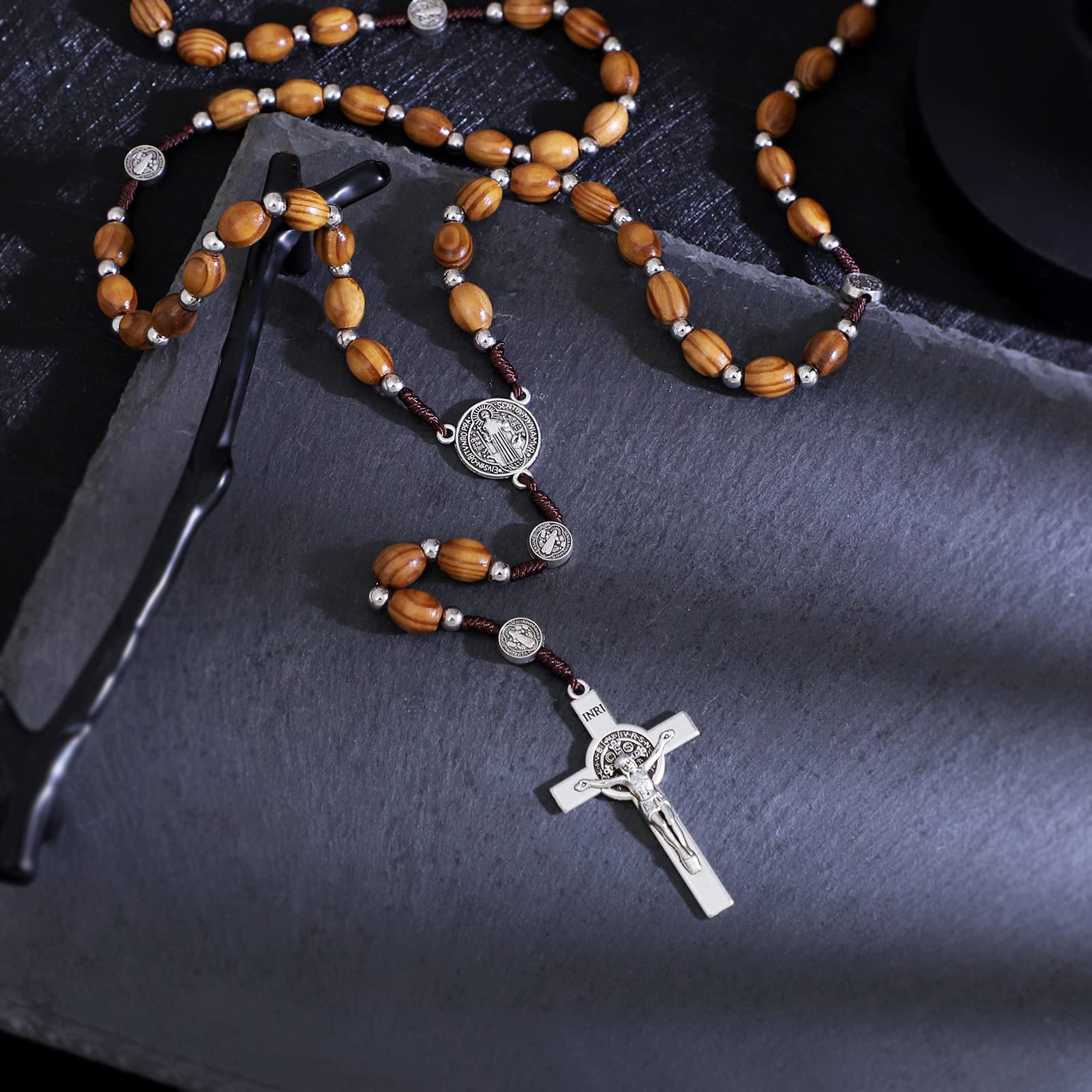 KOMI Handmade Wooden Catholic Rosaries, Rosary Beads Necklace From Bethlehem Wood Christian Prayer Holy Soil Medal & Metal Cross For Catholic Or Christian Gift